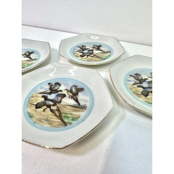 VTG Set Of 4 Stamped Japan Sauce Salt Cellars HP Birds Gold Rim MCM Hexagon - Picture 3 of 7